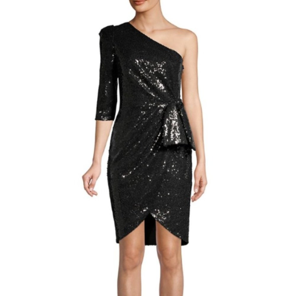 Black Halo: One Shoulder Sequin Cocktail Dress
